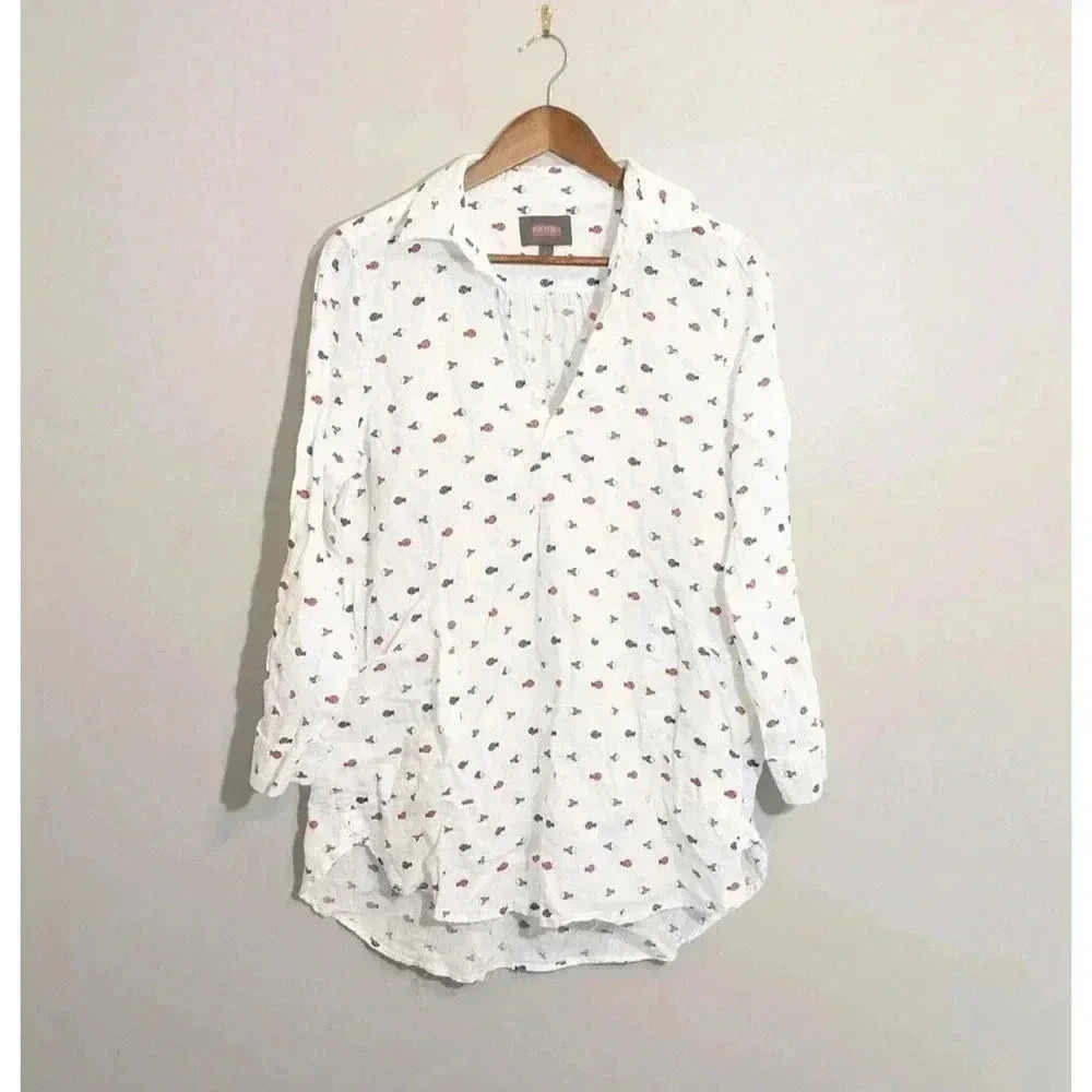For Cynthia Beachwear White Linen Fish Print Tab Sleeve Dress Coverup Size Large
